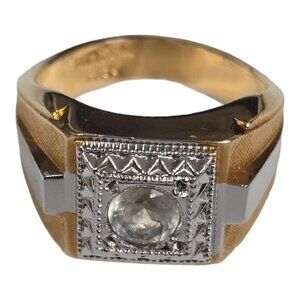 Vintage Men's ESPO Ring 14K Gold GE 2 Tone Cubic Zirconia Square Setting